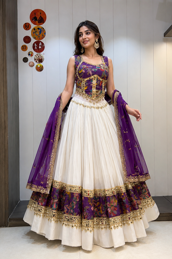 White Roman Silk Cotton Navratri Lehenga Choli with Corset Blouse