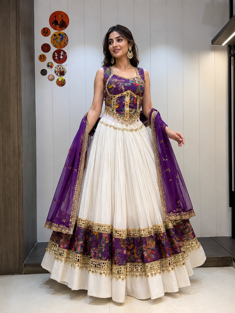 White Roman Silk Cotton Navratri Lehenga Choli with Corset Blouse