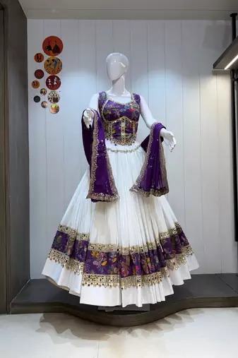 White Roman Silk Cotton Navratri Lehenga Choli with Corset Blouse