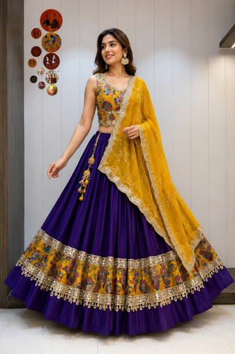 Blue Roman Silk Cotton Navratri Lehenga Choli with Corset Blouse