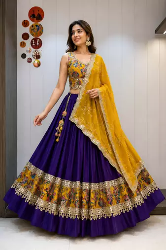 Blue Roman Silk Cotton Navratri Lehenga Choli with Corset Blouse