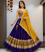Blue Roman Silk Cotton Navratri Lehenga Choli with Corset Blouse