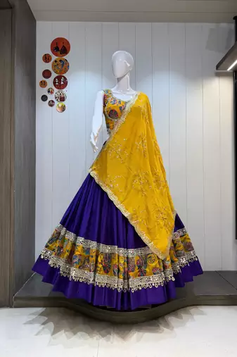 Blue Roman Silk Cotton Navratri Lehenga Choli with Corset Blouse