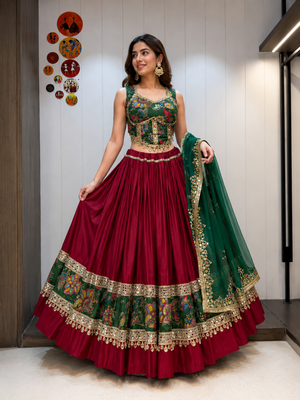 Maroon Roman Silk Cotton Navratri Lehenga Choli with Corset Blouse 1