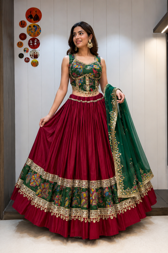 Maroon Roman Silk Cotton Navratri Lehenga Choli with Corset Blouse