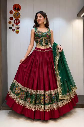 Maroon Roman Silk Cotton Navratri Lehenga Choli with Corset Blouse