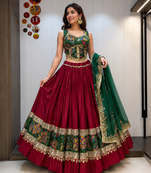 Maroon Roman Silk Cotton Navratri Lehenga Choli with Corset Blouse