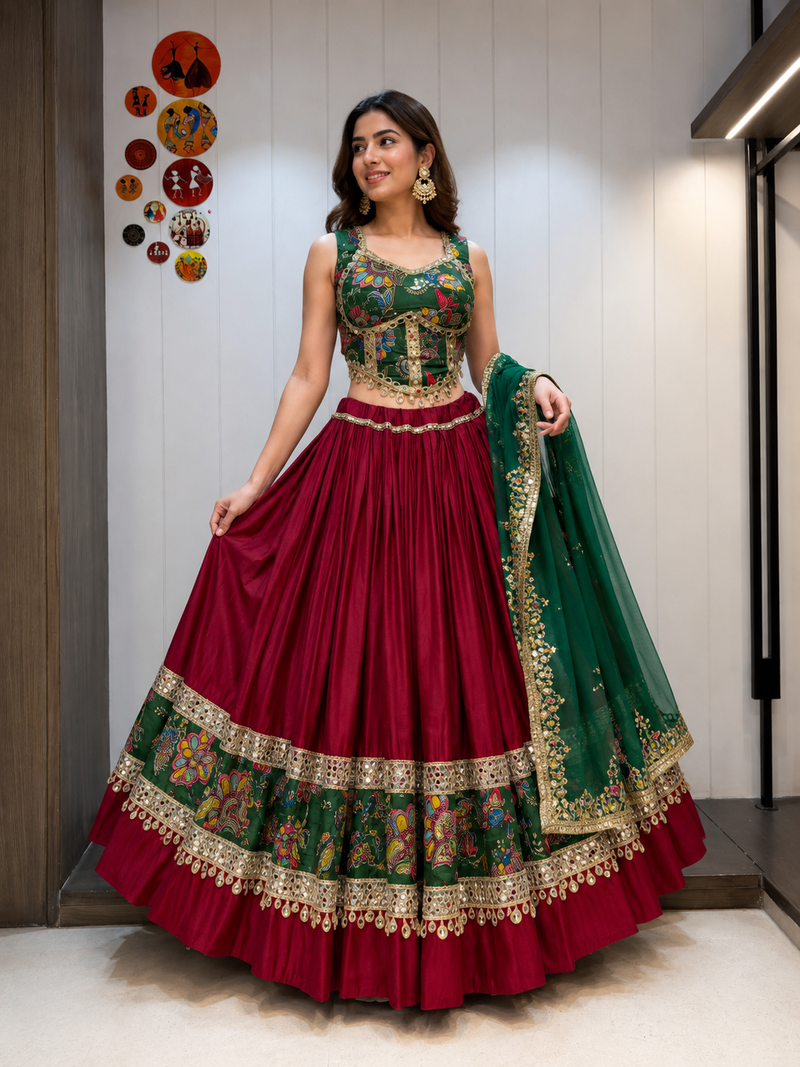 Maroon Roman Silk Cotton Navratri Lehenga Choli with Corset Blouse
