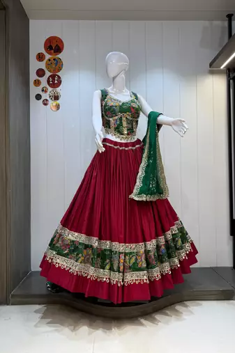 Maroon Roman Silk Cotton Navratri Lehenga Choli with Corset Blouse