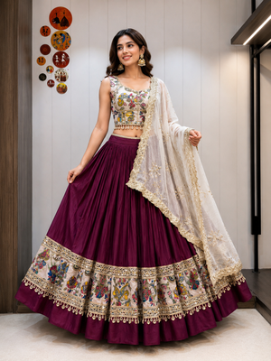 Wine Roman Silk Cotton Navratri Lehenga Choli with Corset Blouse 1