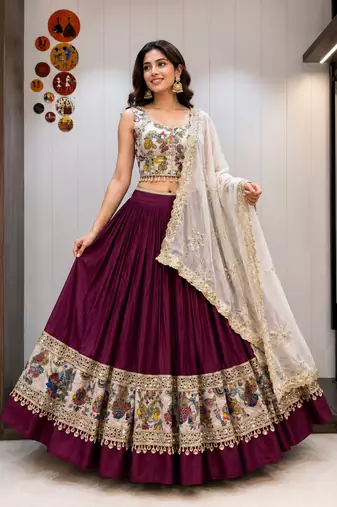 Wine Roman Silk Cotton Navratri Lehenga Choli with Corset Blouse