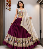 Wine Roman Silk Cotton Navratri Lehenga Choli with Corset Blouse