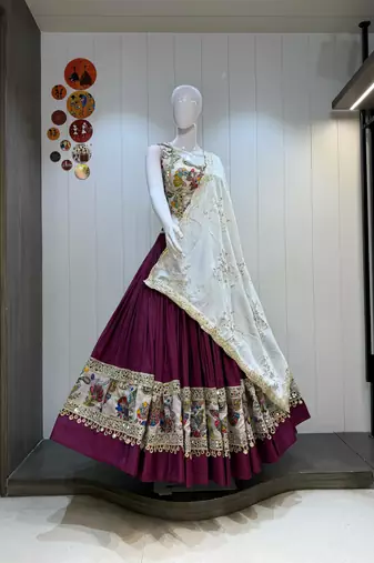 Wine Roman Silk Cotton Navratri Lehenga Choli with Corset Blouse