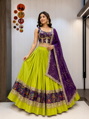 Green Roman Silk Cotton Navratri Lehenga Choli with Corset Blouse 1