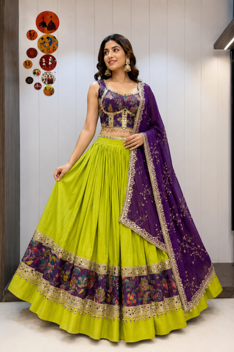 Green Roman Silk Cotton Navratri Lehenga Choli with Corset Blouse