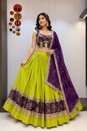 Green Roman Silk Cotton Navratri Lehenga Choli with Corset Blouse