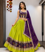 Green Roman Silk Cotton Navratri Lehenga Choli with Corset Blouse