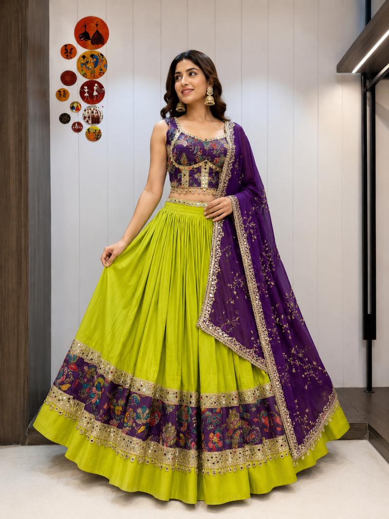 Green Roman Silk Cotton Navratri Lehenga Choli with Corset Blouse