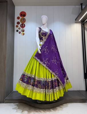 Green Roman Silk Cotton Navratri Lehenga Choli with Corset Blouse 2