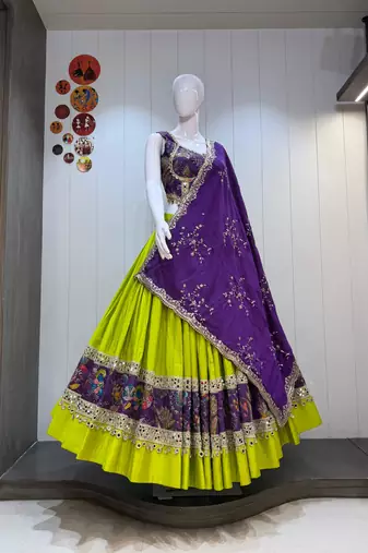 Green Roman Silk Cotton Navratri Lehenga Choli with Corset Blouse