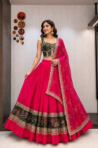 Red Roman Silk Cotton Navratri Lehenga Choli with Corset Blouse