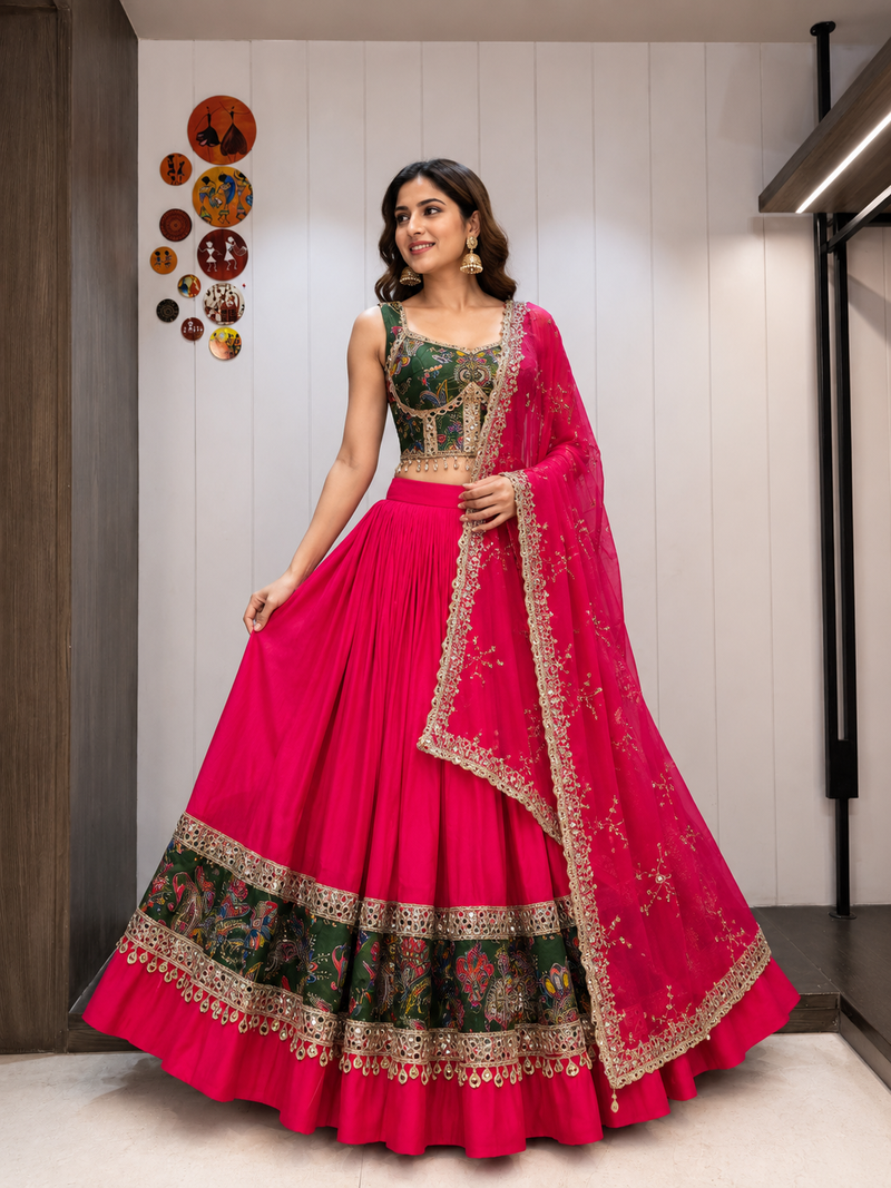Red Roman Silk Cotton Navratri Lehenga Choli with Corset Blouse