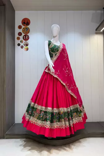 Red Roman Silk Cotton Navratri Lehenga Choli with Corset Blouse