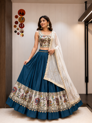 Teal Roman Silk Cotton Navratri Lehenga Choli with Corset Blouse 1