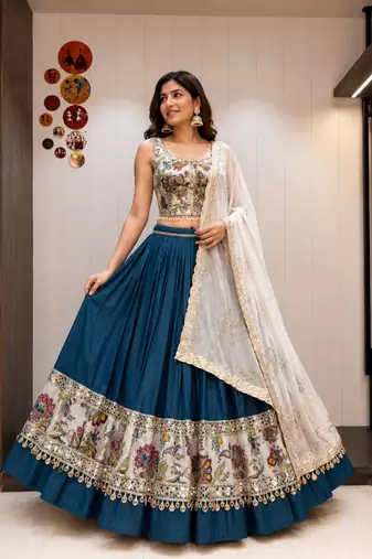 Teal Roman Silk Cotton Navratri Lehenga Choli with Corset Blouse