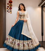 Teal Roman Silk Cotton Navratri Lehenga Choli with Corset Blouse