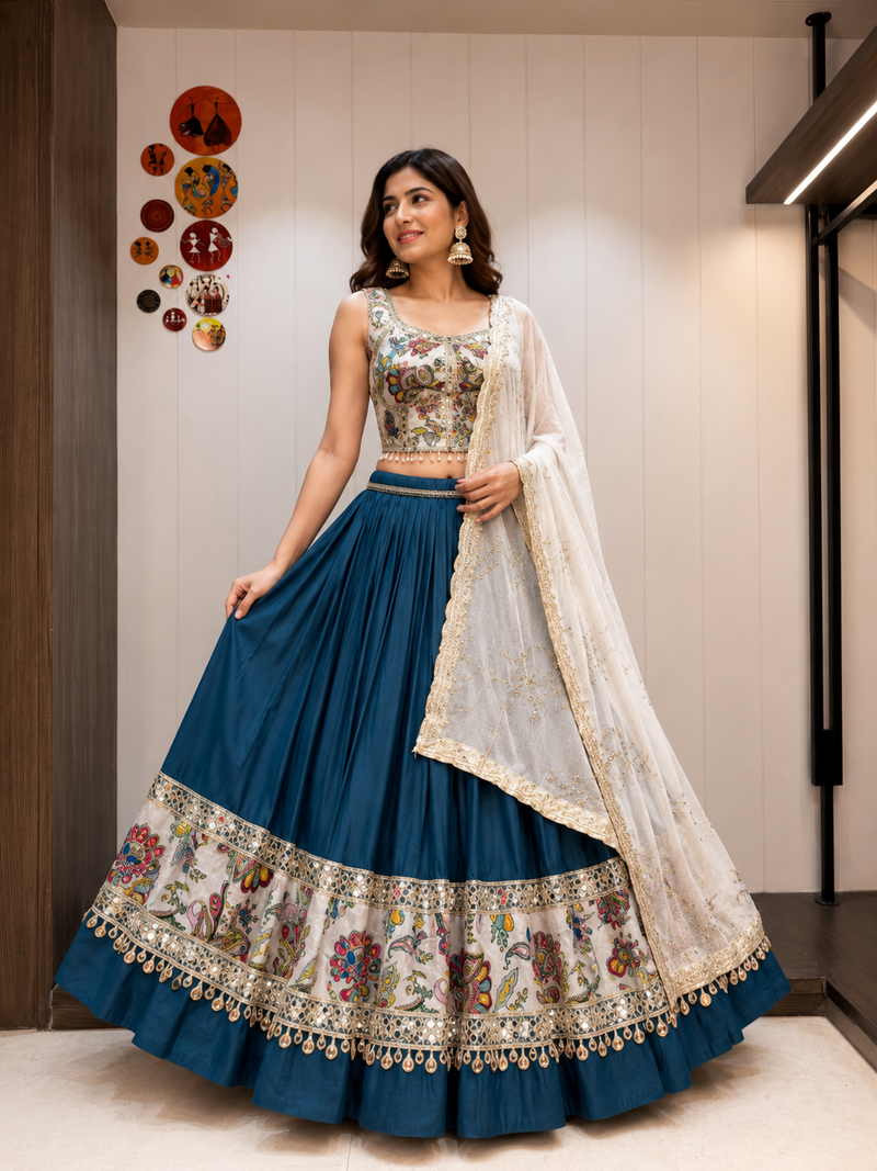 Teal Roman Silk Cotton Navratri Lehenga Choli with Corset Blouse