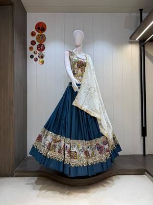 Teal Roman Silk Cotton Navratri Lehenga Choli with Corset Blouse 2