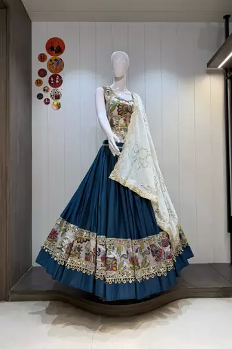 Teal Roman Silk Cotton Navratri Lehenga Choli with Corset Blouse