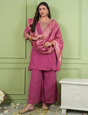 Pink gold silk embroidery kurta set with jacquard dupatta | readymade suit 1