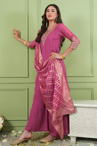 Pink gold silk embroidery kurta set with jacquard dupatta | readymade suit