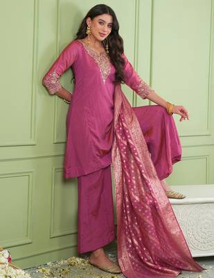 Pink gold silk embroidery kurta set with jacquard dupatta | readymade suit 3