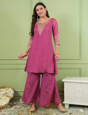 Pink gold silk embroidery kurta set with jacquard dupatta | readymade suit 5