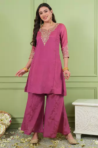Pink gold silk embroidery kurta set with jacquard dupatta | readymade suit