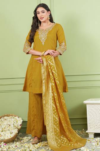 Mustard gold silk embroidery kurta set with jacquard dupatta | readymade suit