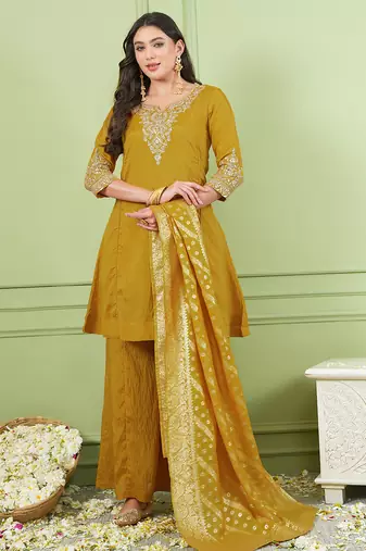 Mustard gold silk embroidery kurta set with jacquard dupatta | readymade suit
