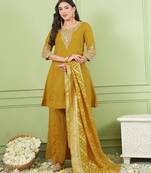 Mustard gold silk embroidery kurta set with jacquard dupatta | readymade suit