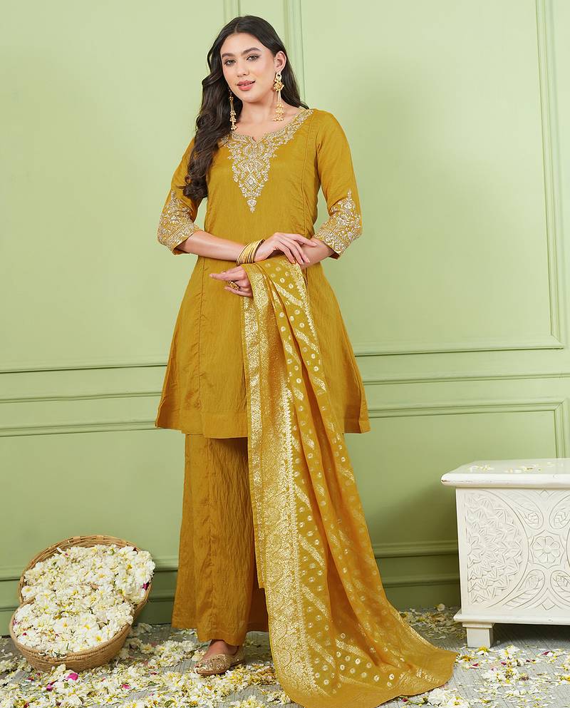 Mustard gold silk embroidery kurta set with jacquard dupatta | readymade suit
