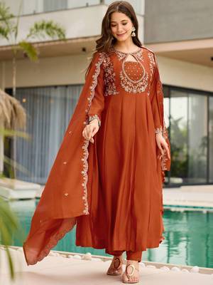 Rust orange vichitra silk keyhole neck kurta set with dupatta | readymade suit 1
