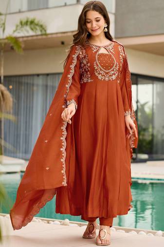 Rust orange vichitra silk keyhole neck kurta set with dupatta | readymade suit