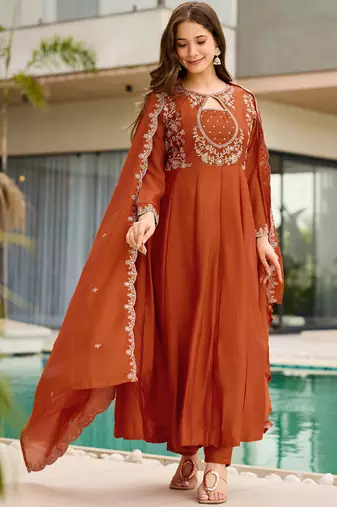Rust orange vichitra silk keyhole neck kurta set with dupatta | readymade suit