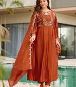 Rust orange vichitra silk keyhole neck kurta set with dupatta | readymade suit