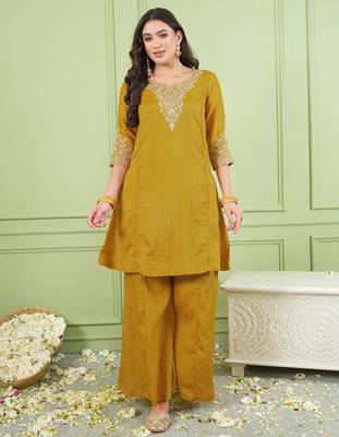 Mustard gold silk embroidery kurta set with jacquard dupatta | readymade suit 3