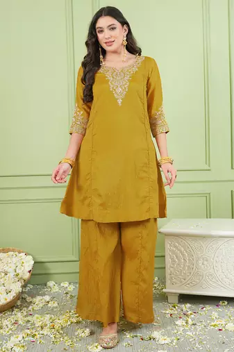 Mustard gold silk embroidery kurta set with jacquard dupatta | readymade suit