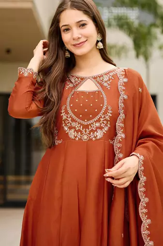 Rust orange vichitra silk keyhole neck kurta set with dupatta | readymade suit