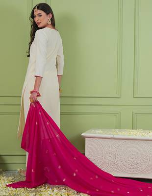 Off white silk embroidery kurta set with jacquard dupatta | readymade suit 5